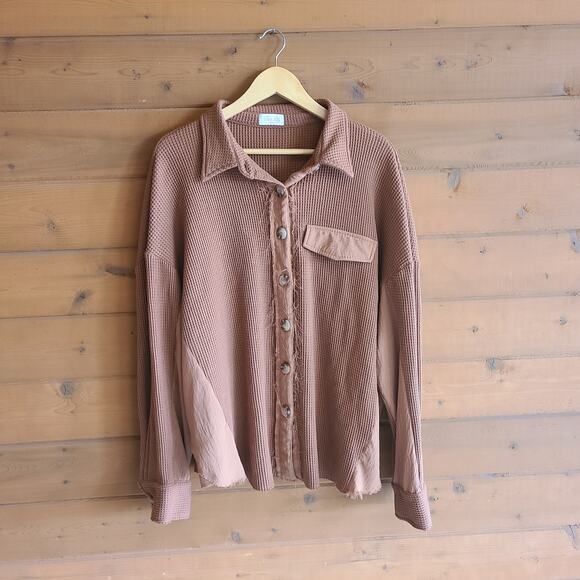 Pink Lily Shacket Waffle Knit Top Change The Game Brown Distressed 3XL Boho Cozy - Picture 2 of 6